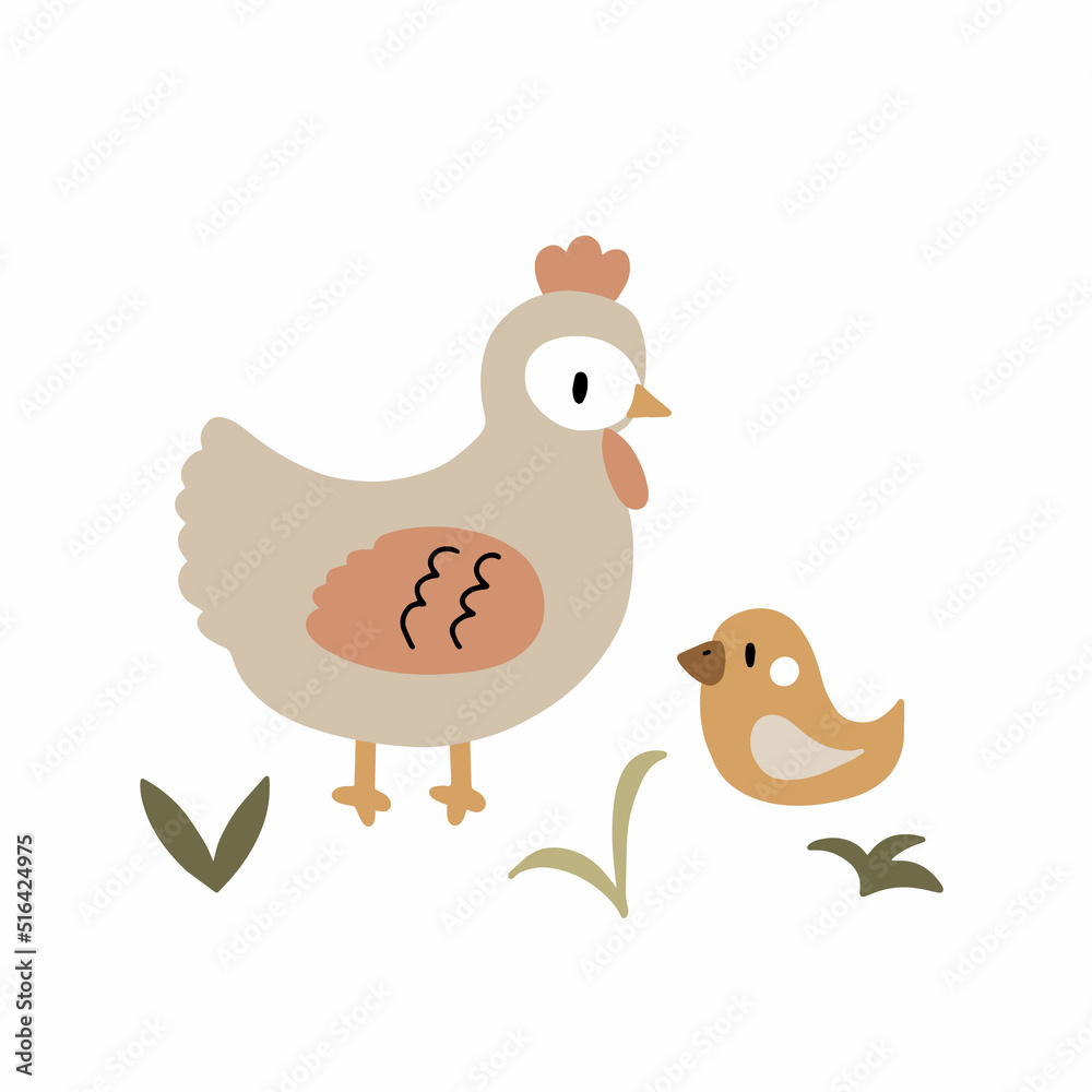 Cute hand drawn hen with chick. Funny vector illustration isolated on white background for your design
