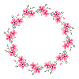 Frame of watercolor pink flowers on a white background.