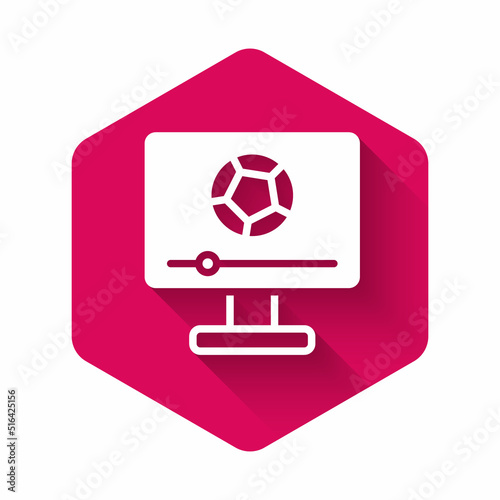 White Football soccer match on TV icon isolated with long shadow background. Football online concept. Pink hexagon button. Vector