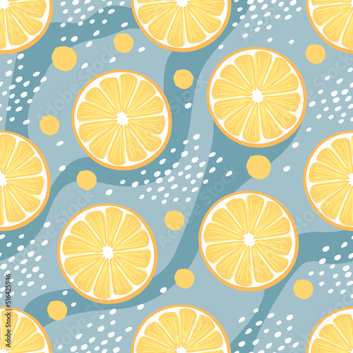 Fruit seamless pattern with lemon round slices.Yellow citrus slices with wavy stripes, dots and circles on pastel blue.Background and texture for printing on fabric and paper.Vector illustration. 