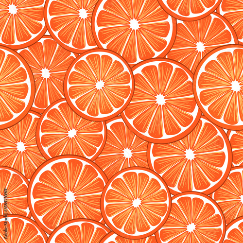 Fruit seamless pattern with orange round.Citrus pieces are arranged randomly in several layers.Colorful background and texture for printing on fabric and paper.Vector flat illustration. 