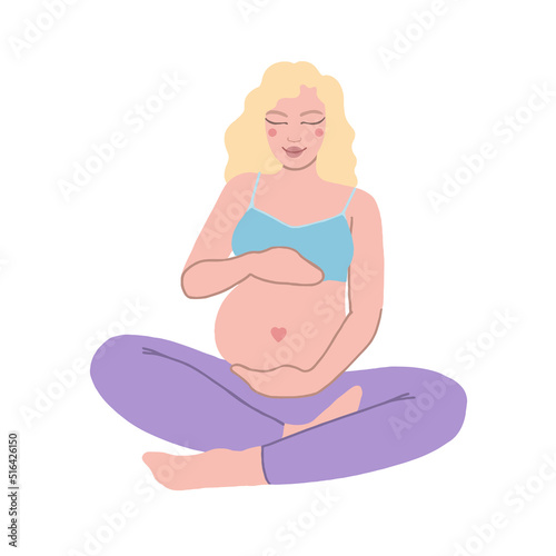 Pregnant woman with blond hair in lotus position. Healthy Pregnancy. A flat style illustration.