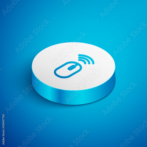 Isometric line Wireless computer mouse system icon isolated on blue background. Internet of things concept with wireless connection. White circle button. Vector