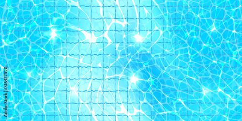 Swimming pool top view seamless pattern with sunlight glare reflect, waves and caustic ripples. Tiled bottom. Blue water surface texture. Vector background.