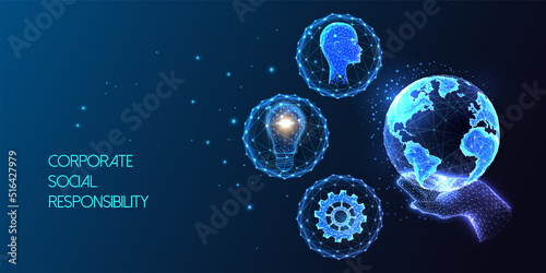 Corporate social responsibility concept, business ethics and sustainability banner on dark blue