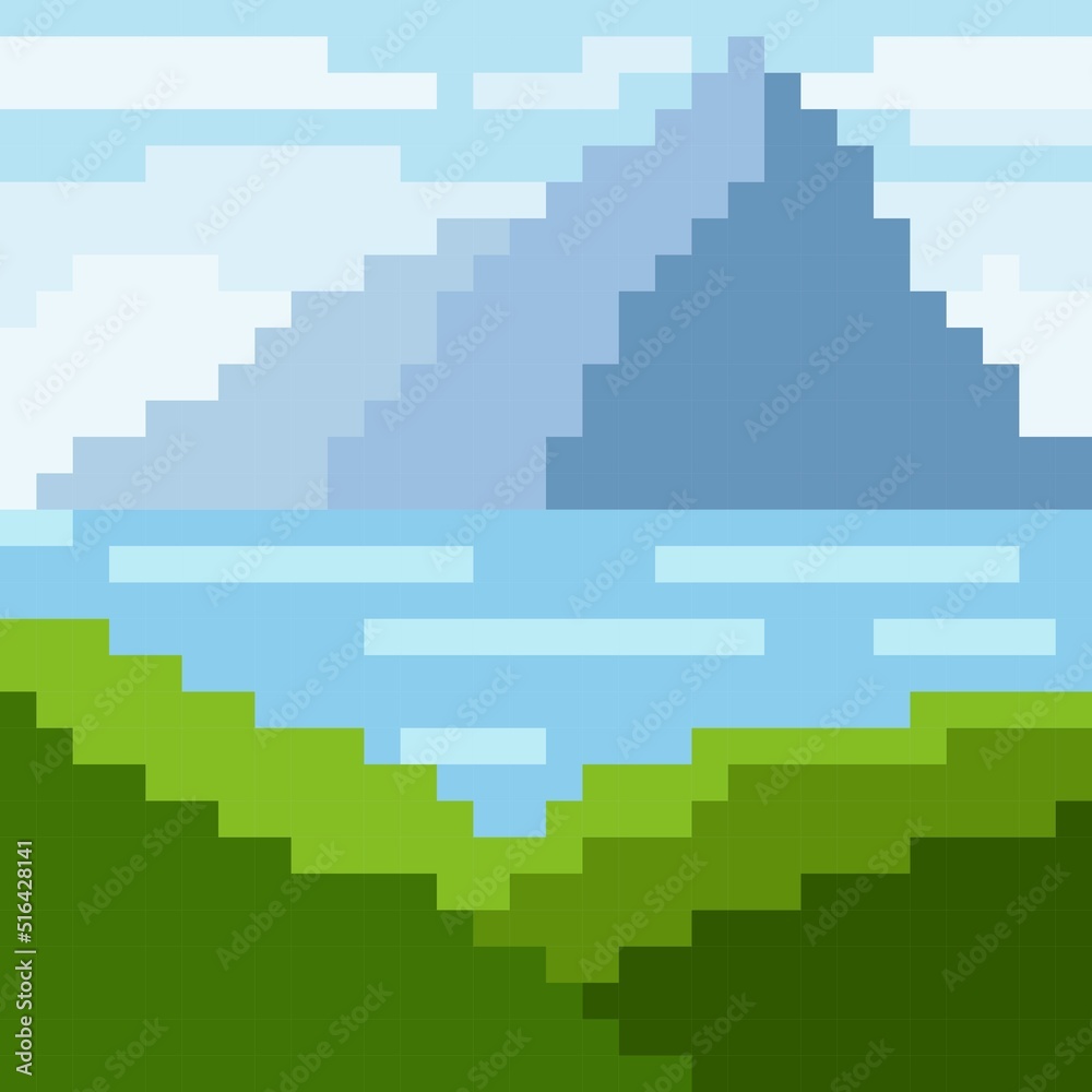 Lake landscape pixel art. Vector illustration.