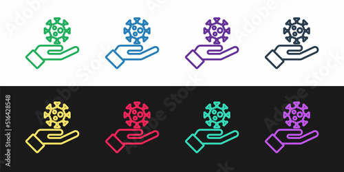 Set line Hand with virus icon isolated on black and white background. Corona virus 2019-nCoV. Bacteria and germs, cell cancer, microbe, fungi. Vector.