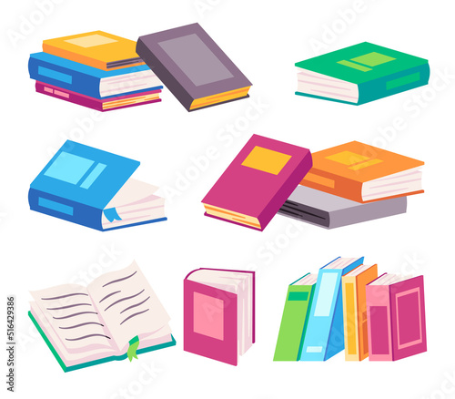 Stack of books contains textbook dictionary in colorfull style some opened mod cartoon flat color illustration