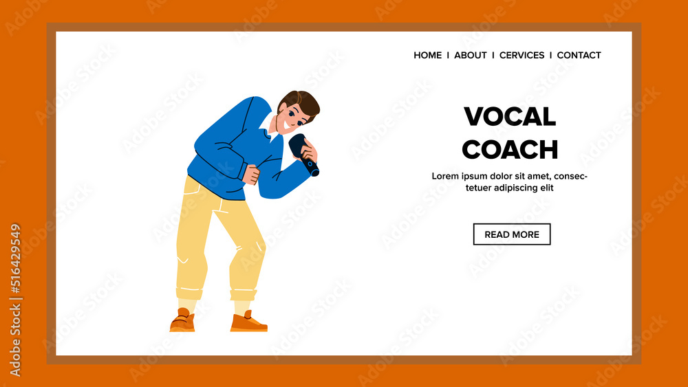 Vocal Coach Teach Student At Music School Vector. Man Vocal Coach Singing In Microphone And Teaching Voice Song Performance On Musician Lesson. Character Web Flat Cartoon Illustration
