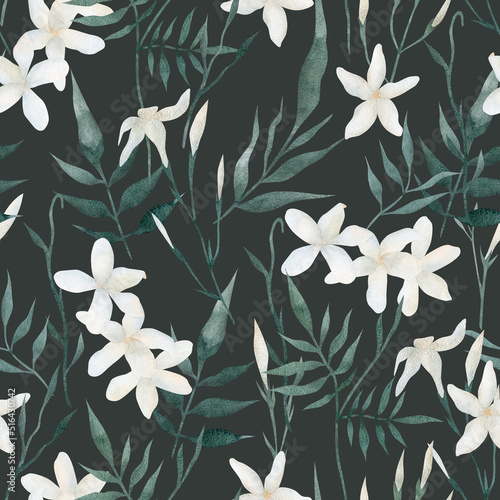 Floral seamless pattern with jasmine flowers, delicate branches and leaves. Watercolor print for textile or wallpapers.
