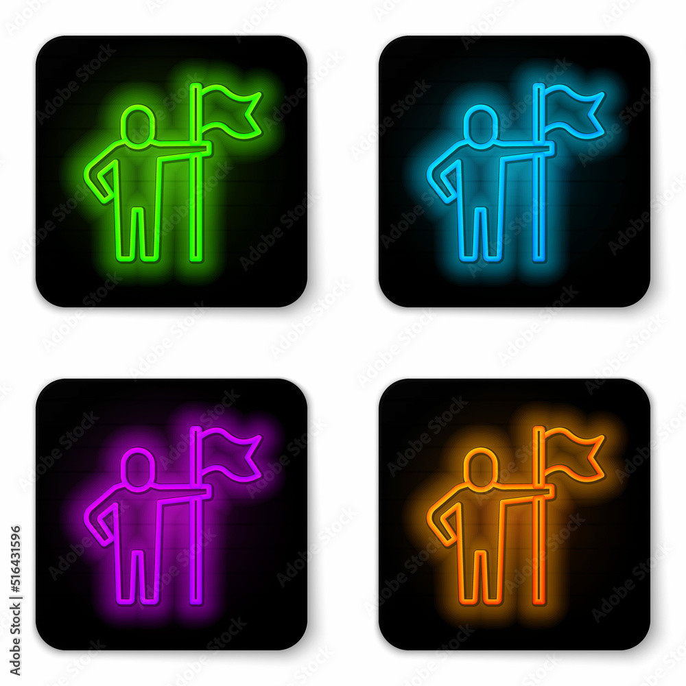 Glowing neon line Man holding flag icon isolated on white background. Victory, winning and conquer adversity concept. Black square button. Vector Glowing neon line Man holding flag icon isolated on white background. Victory, winning and conquer adversity concept. Black square button. Vector