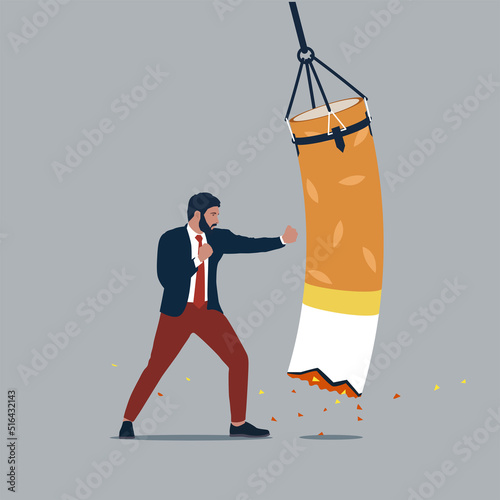 Businessman punching a boxing sandbag defines to a man is fighting to quit smoking. Stop smoking. 