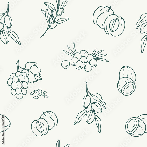 Hand drawn cosmetic oil plants seamless pattern. Almond, grape seed, apricot, coconut, olive, acai
