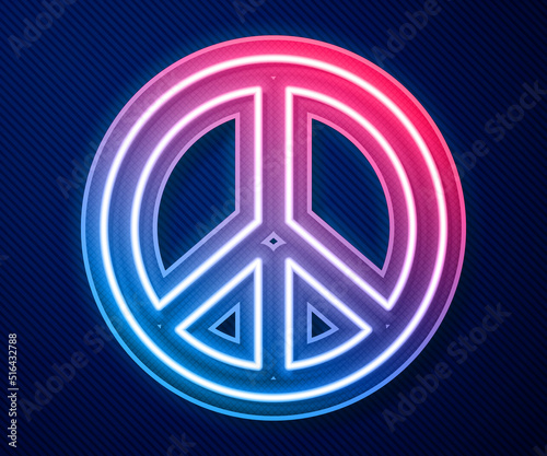 Glowing neon line Peace icon isolated on blue background. Hippie symbol of peace. Vector