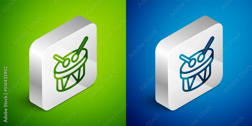 Isometric line Musical instrument drum and drum sticks icon isolated on green and blue background. Silver square button. Vector Isometric line Musical instrument drum and drum sticks icon isolated on green and blue background. Silver square button. Vector