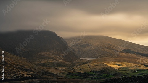 Beautiful view of a mountain landscape in Ireland, Conor Pass on a cloudy day photo