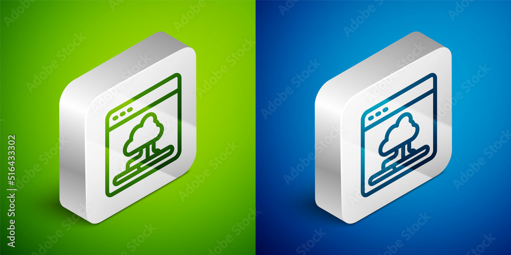 Isometric line Cloud technology data transfer and storage icon isolated on green and blue background. Silver square button. Vector Isometric line Cloud technology data transfer and storage icon isolated on green and blue background. Silver square button. Vector