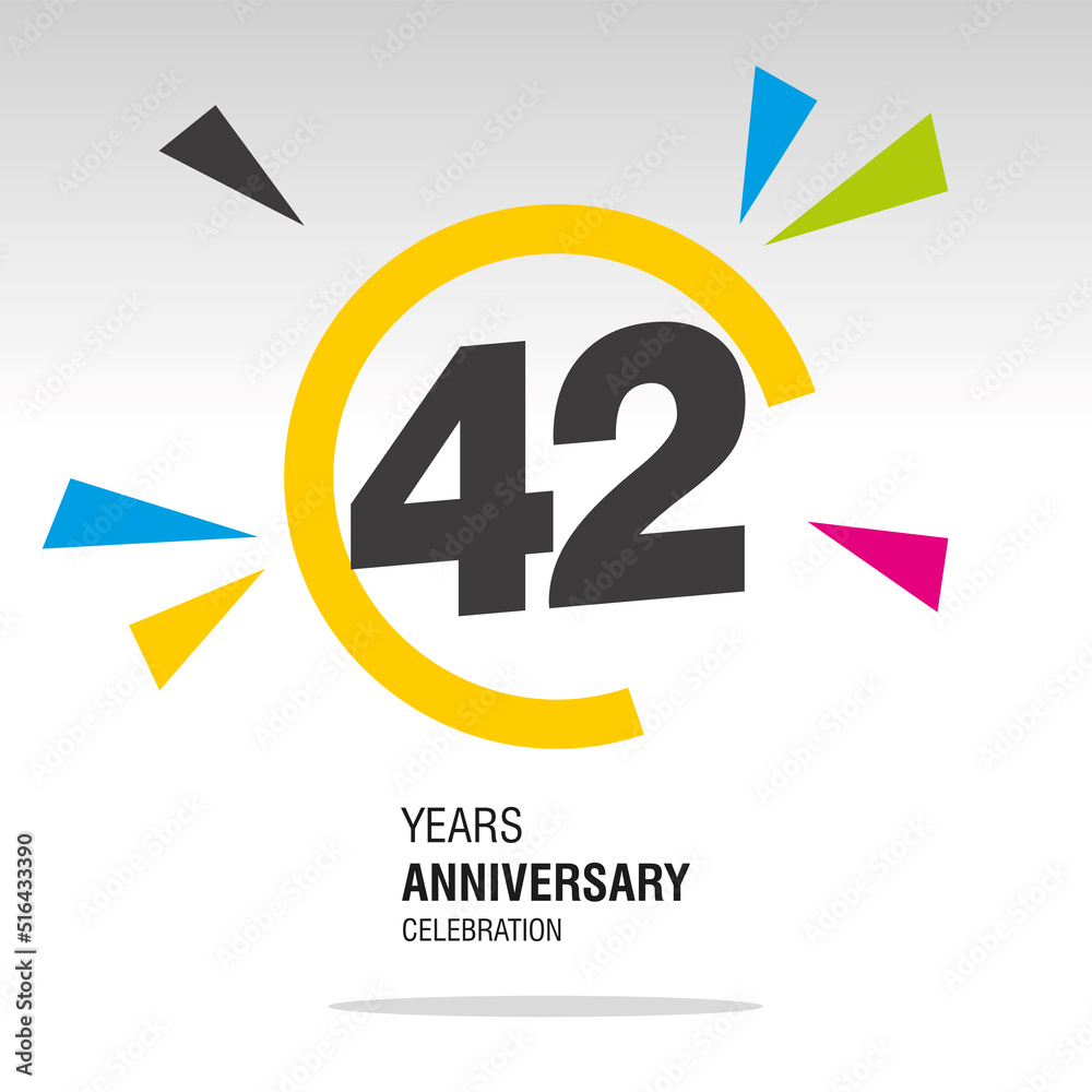 42 Years Anniversary, number in broken circle with colorful bang of confetti, logo, icon, white background