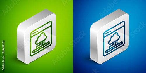 Isometric line Cloud technology data transfer and storage icon isolated on green and blue background. Silver square button. Vector