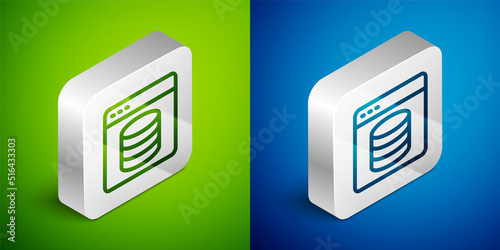 Isometric line Server, Data, Web Hosting icon isolated on green and blue background. Silver square button. Vector