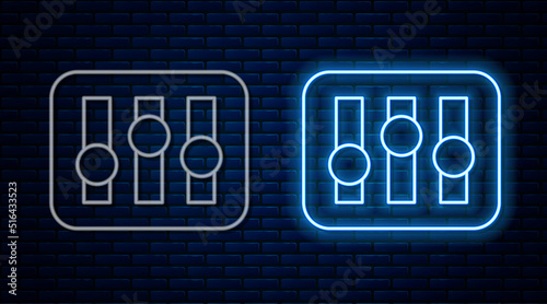 Glowing neon line Sound mixer controller icon isolated on brick wall background. Dj equipment slider buttons. Mixing console. Vector