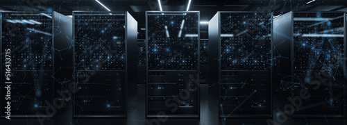Server Rack security room, data center information technology, quantum computer 3d render background. head cover picture.blue light flicker with polygon connection illustration.
