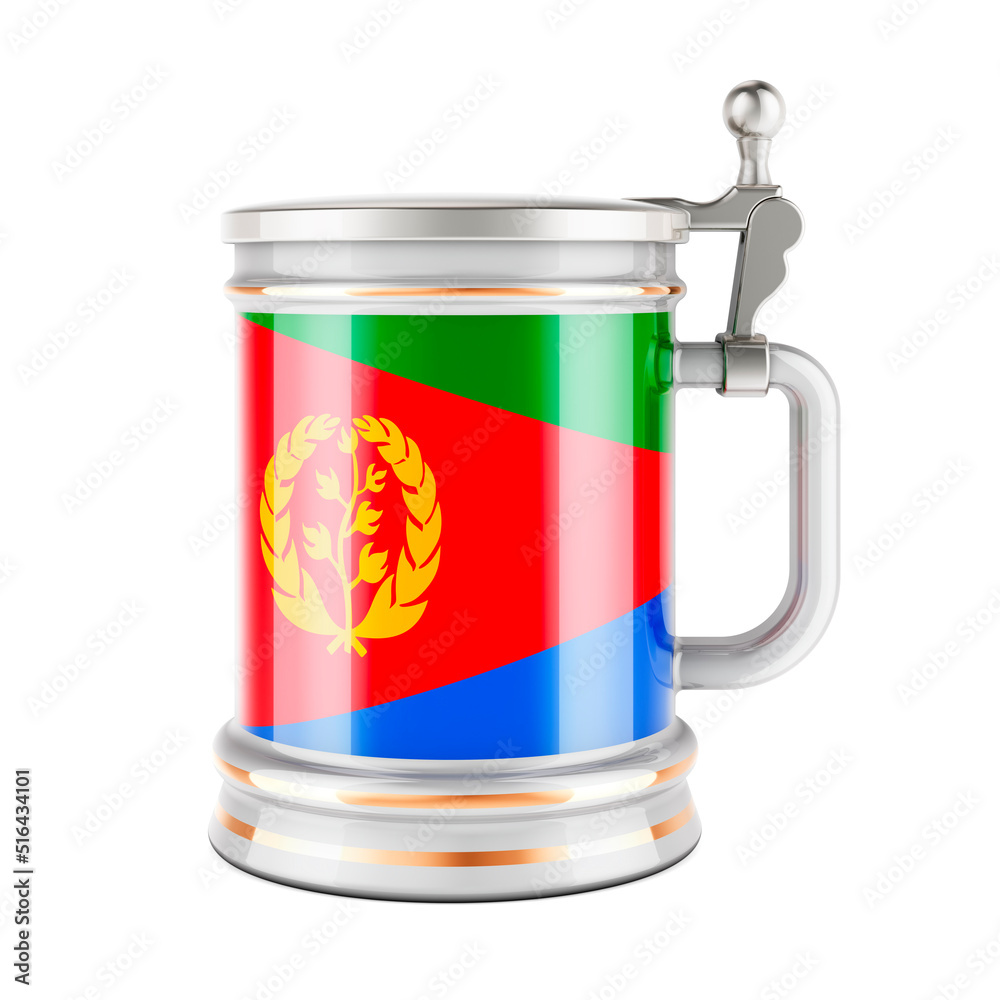 Beer mug with Eritrean flag, 3D rendering Beer mug with Eritrean flag, 3D rendering