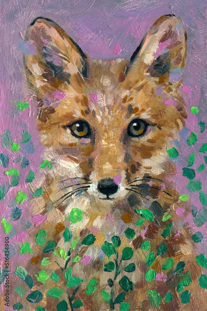 Oil painting with large brush strokes with wild animals - fox, on the theme of love, cute.