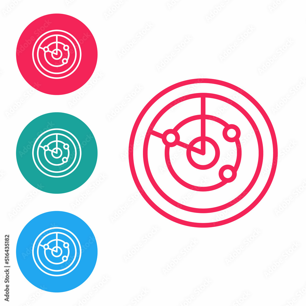Red line Radar with targets on monitor in searching icon isolated on white background. Search system. Navy sonar. Set icons in circle buttons. Vector Red line Radar with targets on monitor in searching icon isolated on white background. Search system. Navy sonar. Set icons in circle buttons. Vector