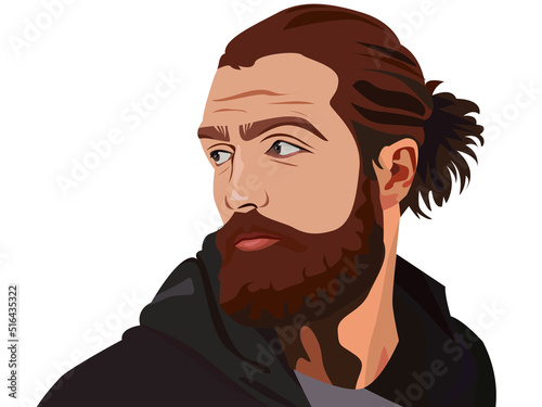 A masculine, bearded man with hair tied up in his hair.