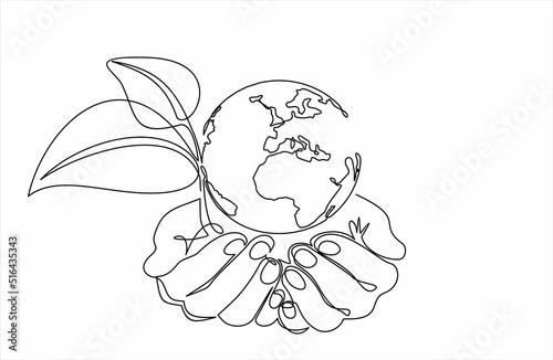 Single continuous line of hands holding planet earth and tree leaf. Plant leaves grow planet Earth seedling eco natural concept design sketch drawing vector illustration art 
