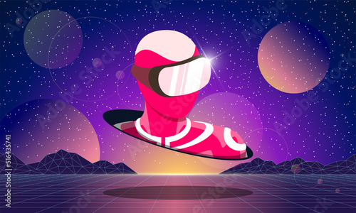 Future digital technology metaverse abstract concept. Man wearing virtual reality glasses in futuristic 3d landscape universe. Person with VR helmet in portal. Meta cyber space vector eps illustration