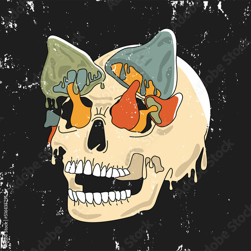 Flat vector illustration of a skull with mushrooms from the eye sockets. Vintage hand-drawn poster with grunge texture.