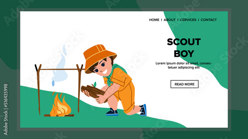 Scout Boy Child Starting Bonfire Outdoor Vector. Scout Boy Kid Start Flame And Adding Wooden Timber In Fire. Character Infant And Burning Campfire In Nature Web Flat Cartoon Illustration
