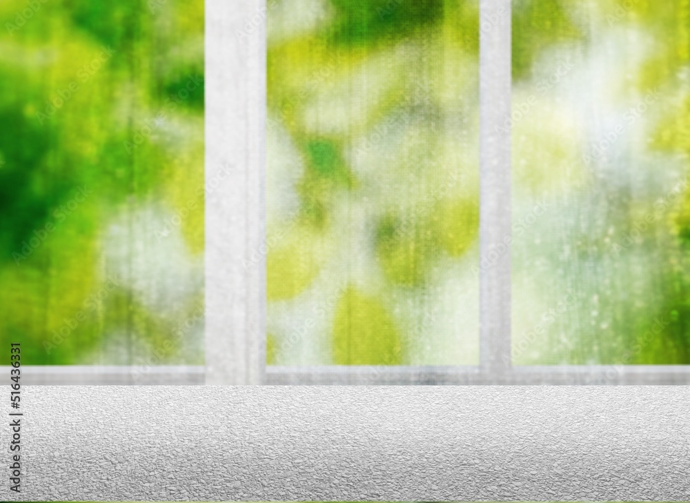 Fototapeta premium Empty table top on blur room interior with window background