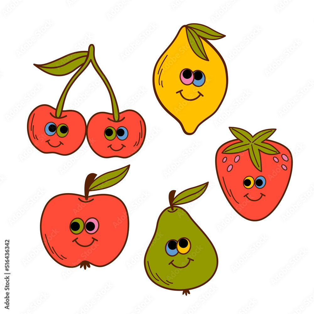 set of isolated funny fruits and berries set of isolated funny fruits and berries