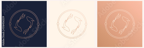 Vector abstract logo template in trendy linear minimal style - two fish, yin and yang - abstract symbol for cosmetics and packaging, jewelry, handicrafts or beauty products