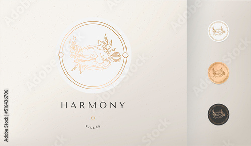 Shell with a pearl in flowers. Logo template in linear style. Esoteric illustration for astrologer, shop, beauty salon