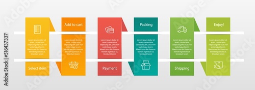 Concept of shopping process with 6 successive steps. Six colorful graphic elements. Timeline design for brochure, presentation, web site. Infographic design layout.