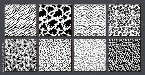 Safari animals skin seamless pattern set. Mammals Fur. Collection of exotic clothes printing or wallpaper texture vector set. Predators Camouflage. Printable Background. Vector illustration.