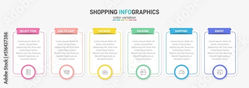 Concept of shopping process with 6 successive steps. Six colorful graphic elements. Timeline design for brochure, presentation, web site. Infographic design layout.