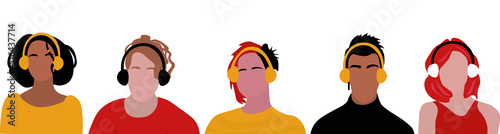 Set of young people with modern headphones on white background