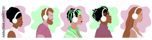 Set of young people with modern headphones on white background