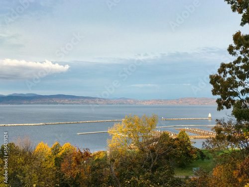 Scenic view of Lake Champlain from Burlington, Vermont,  flanked by the Adirondack Mountains on the west shore.