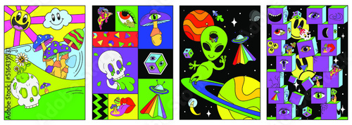 A set of psychedelic posters with space, crazy mushrooms, geometry, skulls, UFOs and an alien. Surrealism