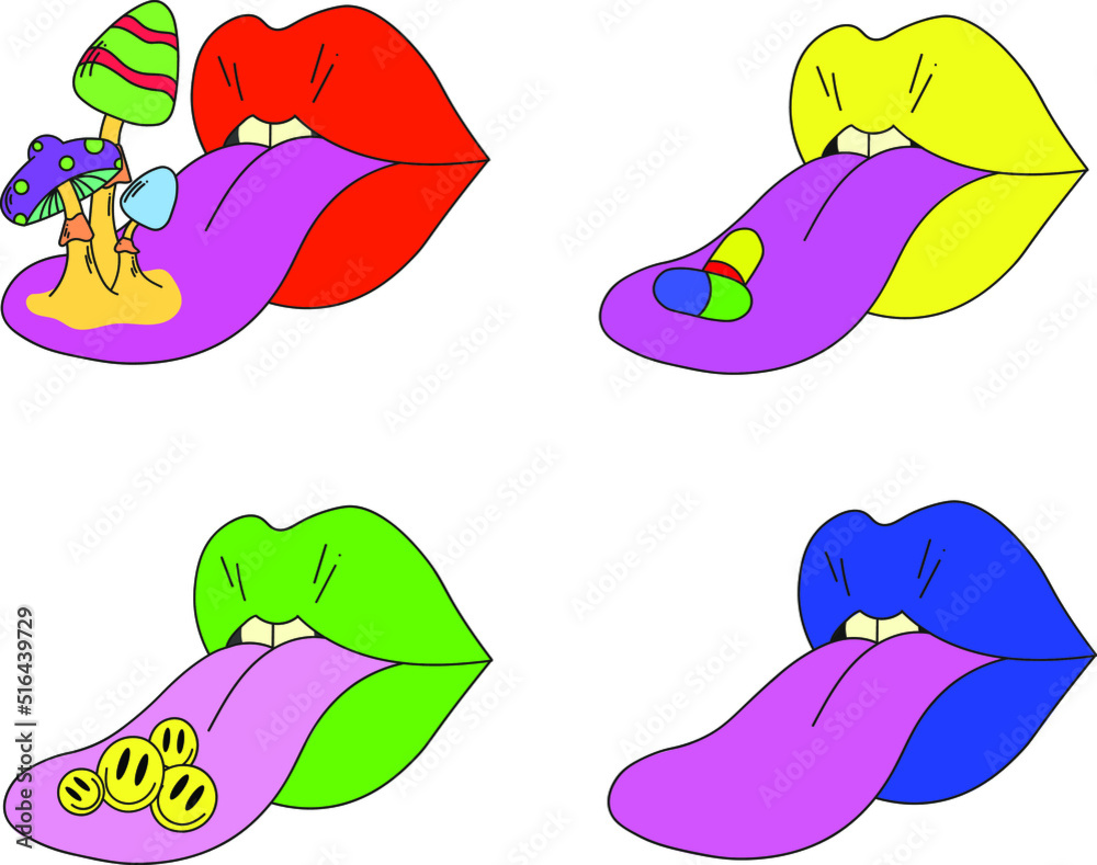 Obraz premium A set of four psychedelic lips. Lips with protruding tongue, mushrooms, emoticons and pills on the tongue. Surrealism.