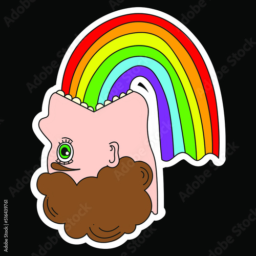 A sticker of a strange man vomiting a rainbow.