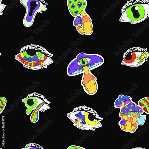 Seamless psychedelic pattern with mushrooms and eyes. Surrealism