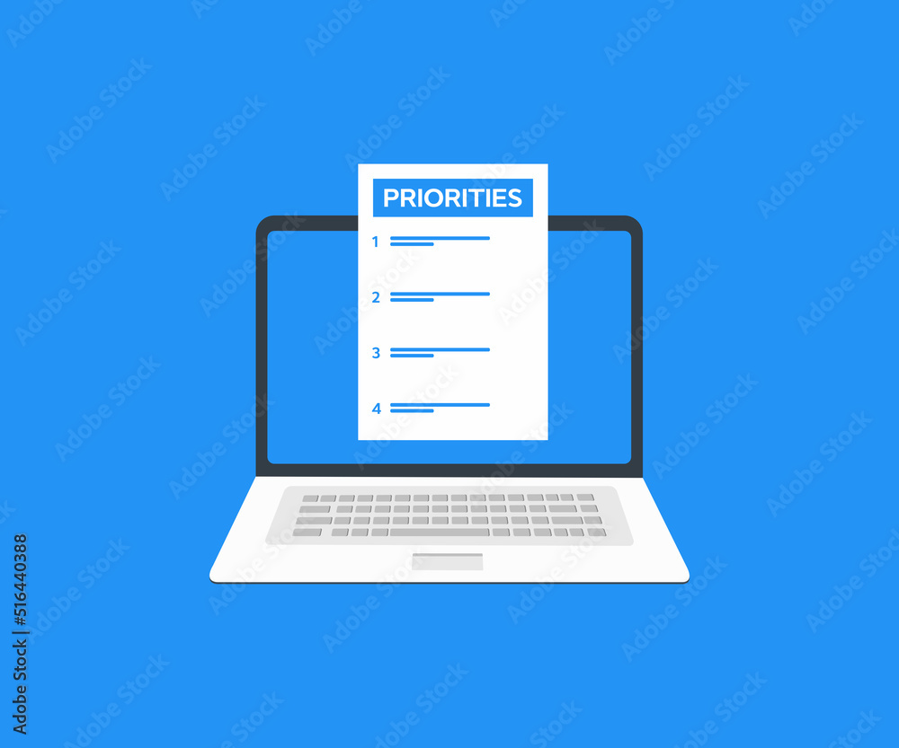 Laptop computer Priorities priority list business concept logo design. Organizing priorities, corporate business team collaboration concept, investment project working and planning strategy vector.