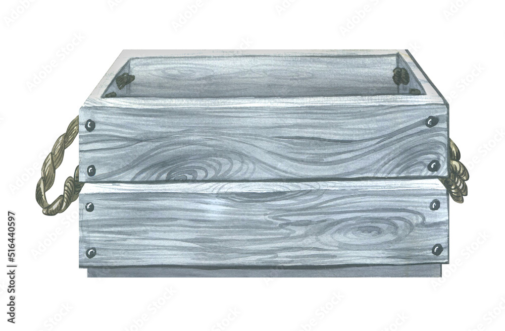 A gray wooden box with handles made of jute rope. Watercolor illustration. An isolated object from a large set of LAVENDER SPA. For decoration, design and compositions. A gray wooden box with handles made of jute rope. Watercolor illustration. An isolated object from a large set of LAVENDER SPA. For decoration, design and compositions.